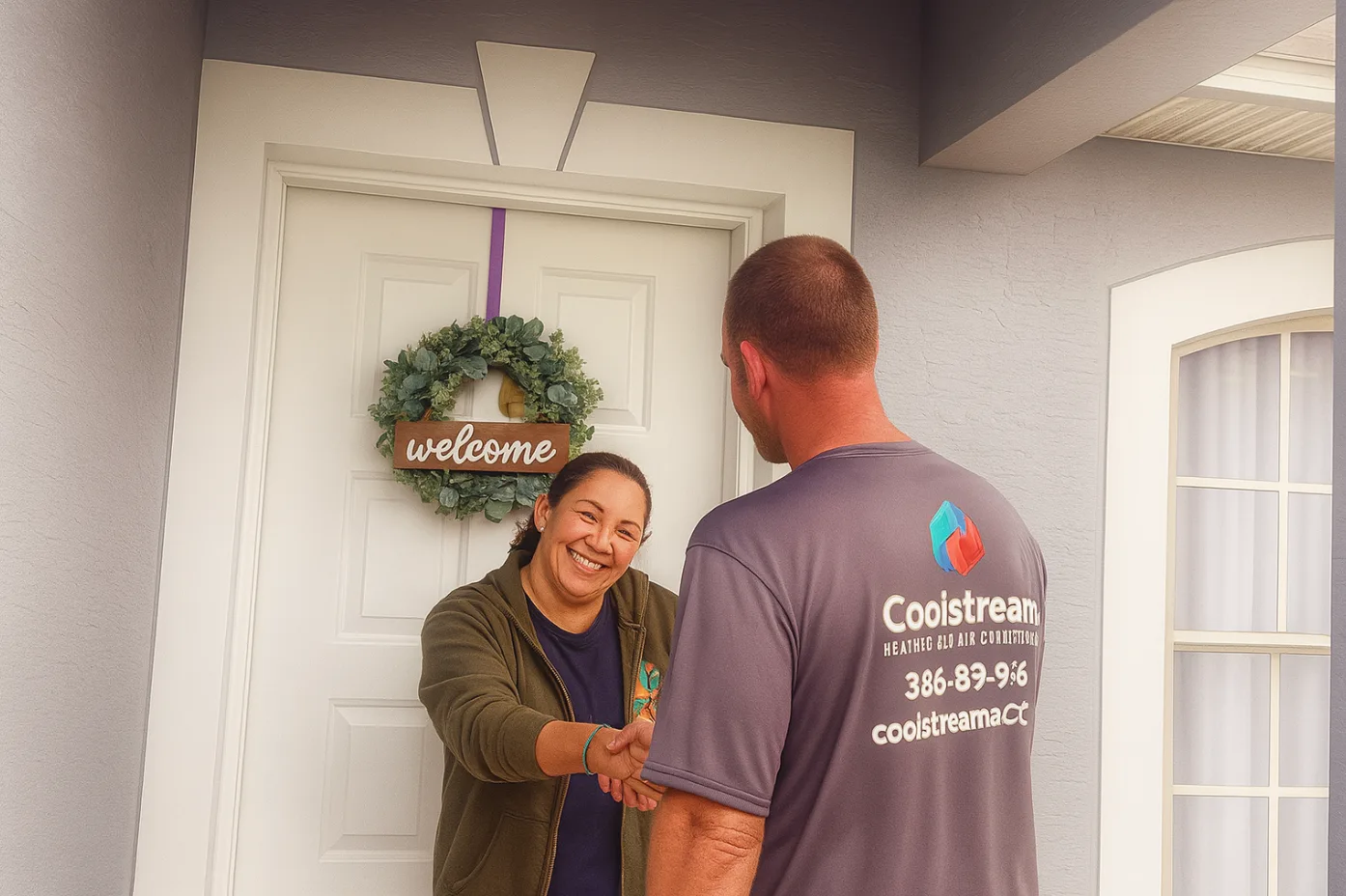 Coolstream technician greeting a homeowner during an in-home AC service visit